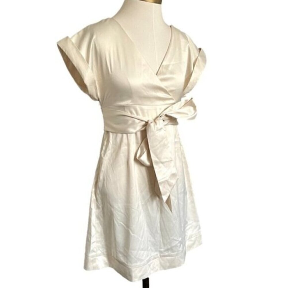 Ivory White Satin Cross Front Tie Sequin Waistband Wedding Prom Dress - 6/S